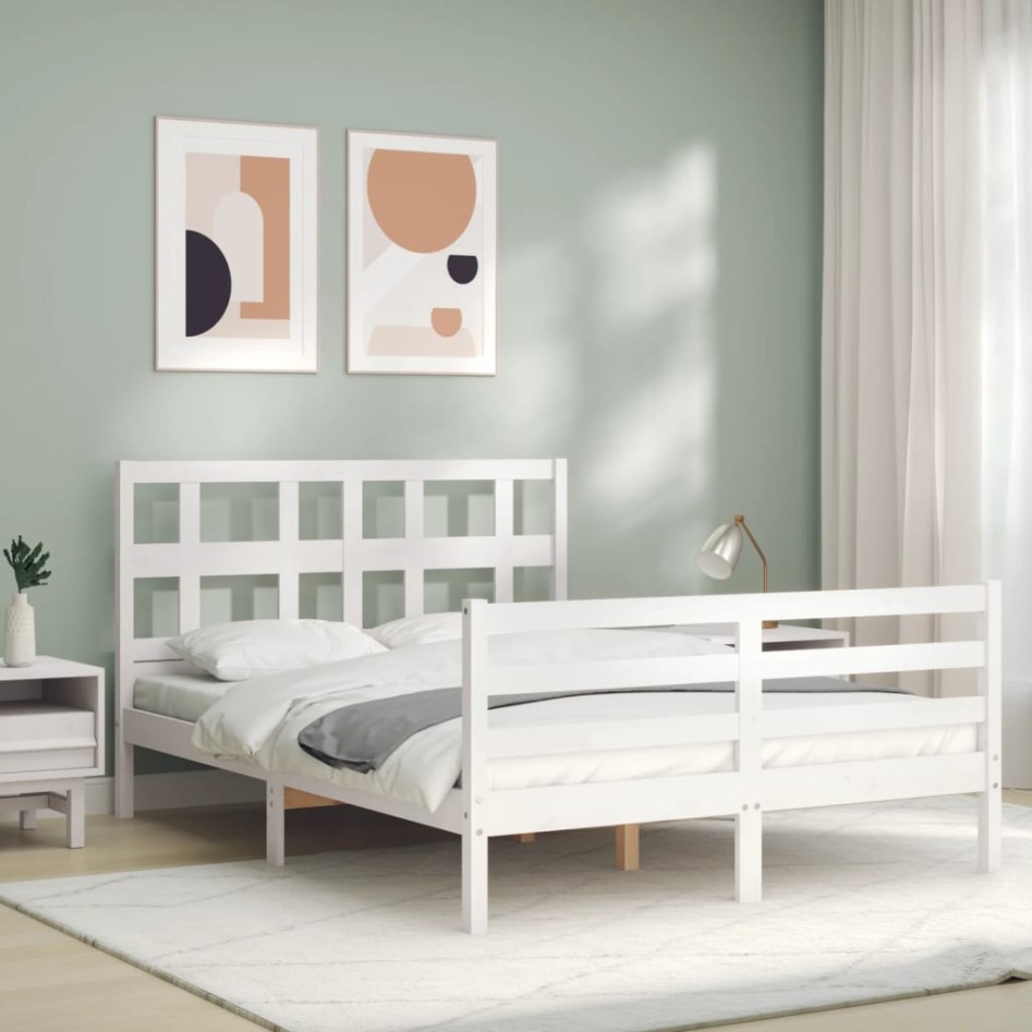 Estructura de cama con cabecero madera maciza blanco 120x200