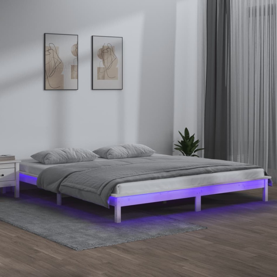 Estructura de cama con LEDs madera maciza blanca 150x200