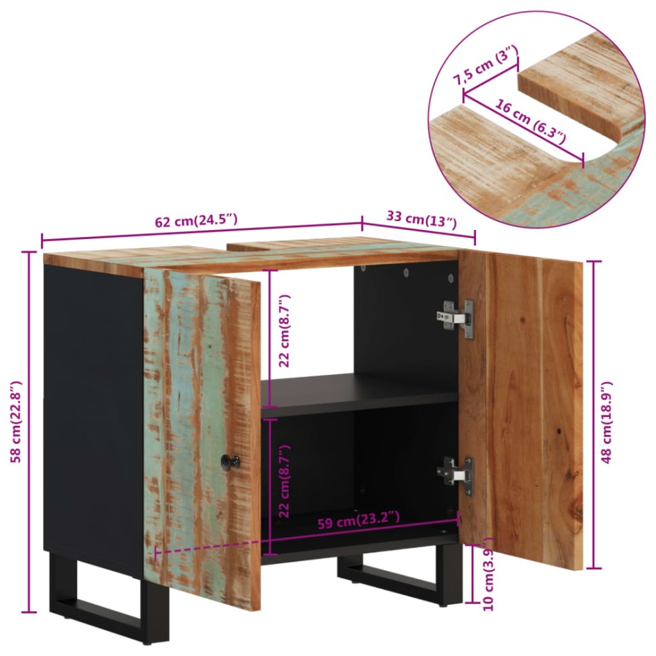 Mueble de lavabo madera reciclada madera ingeniería 62x33x58