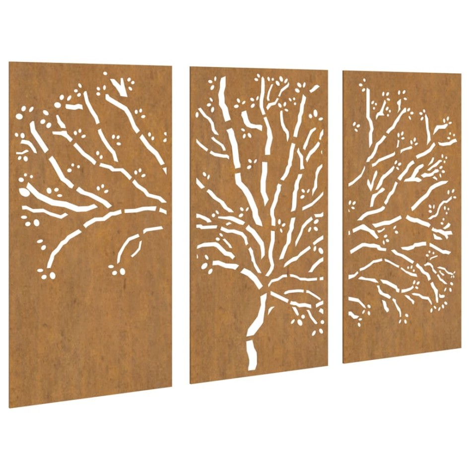 Adorno pared jardín 3 pzas acero corten diseño árbol 105x55
