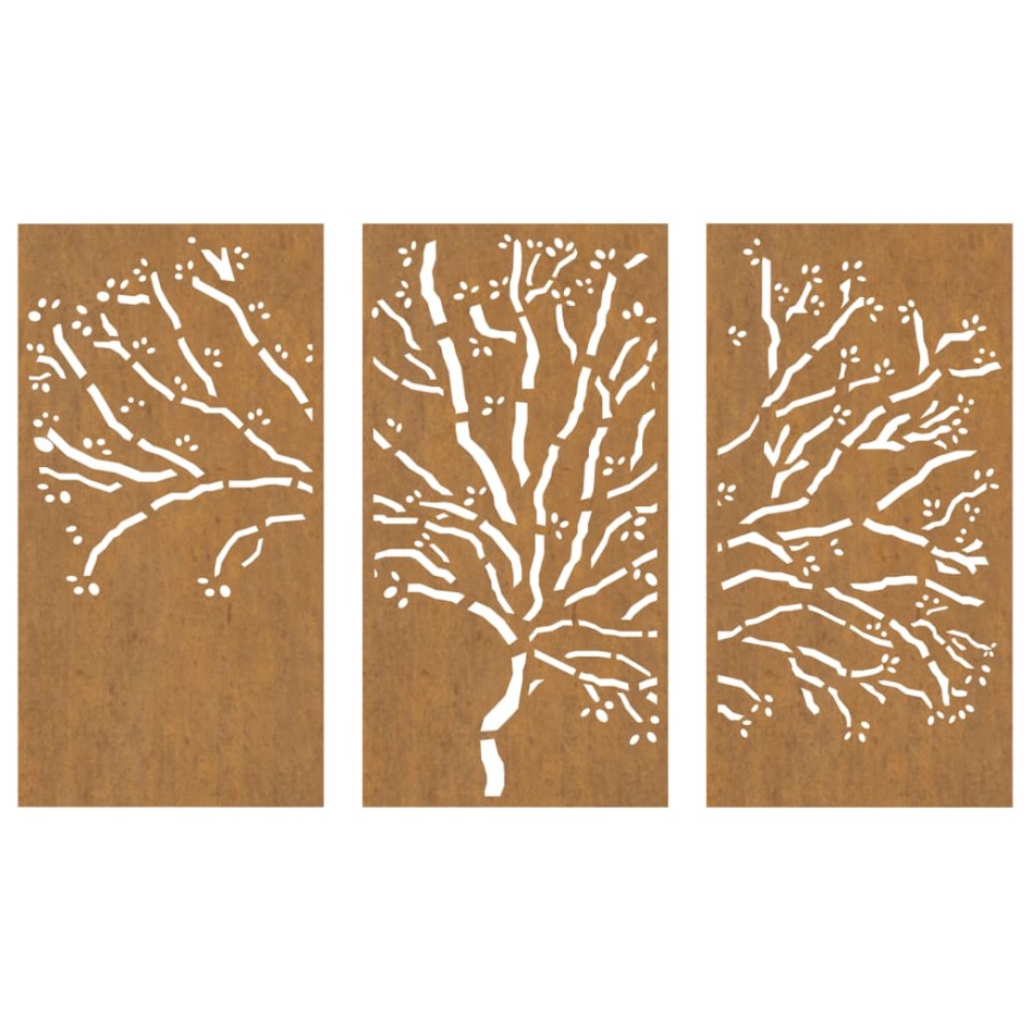 Adorno pared jardín 3 pzas acero corten diseño árbol 105x55