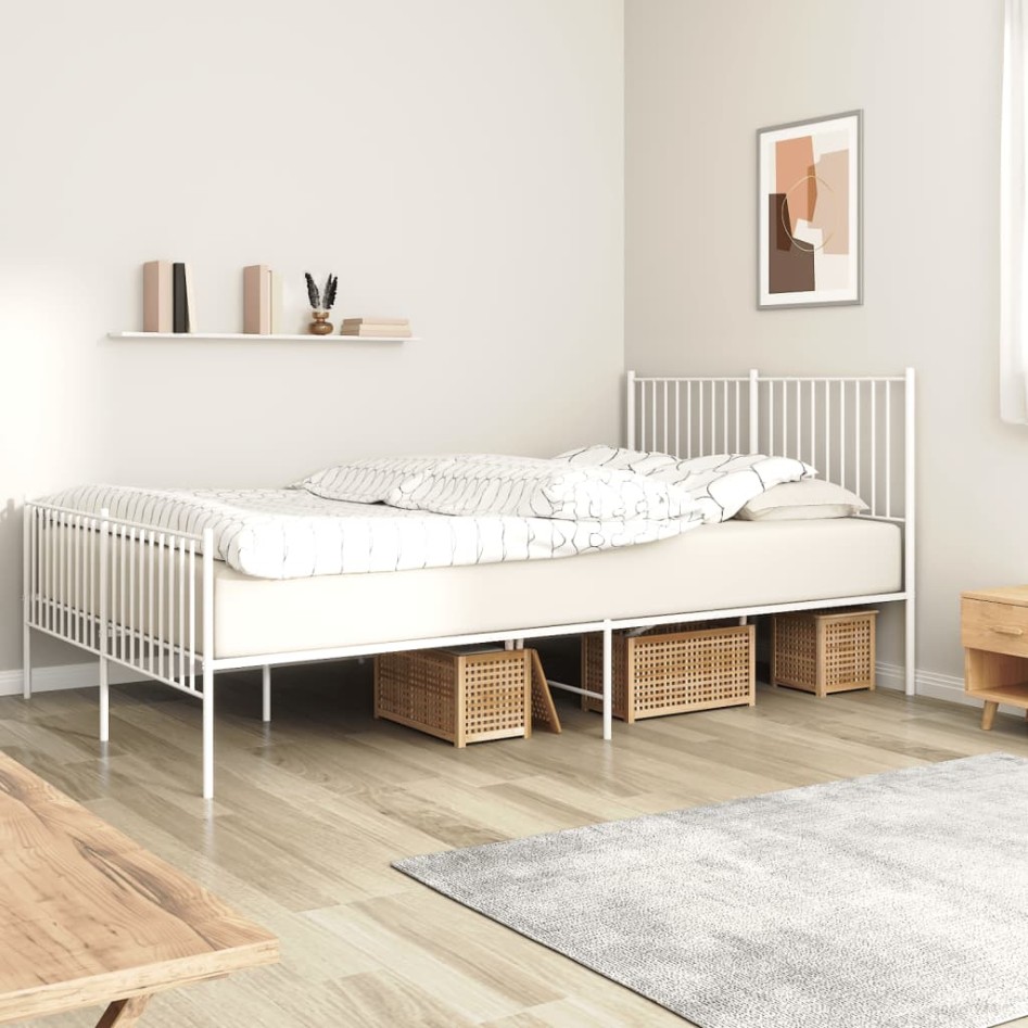 Estructura cama metal con cabecero y estribo blanco 150x200