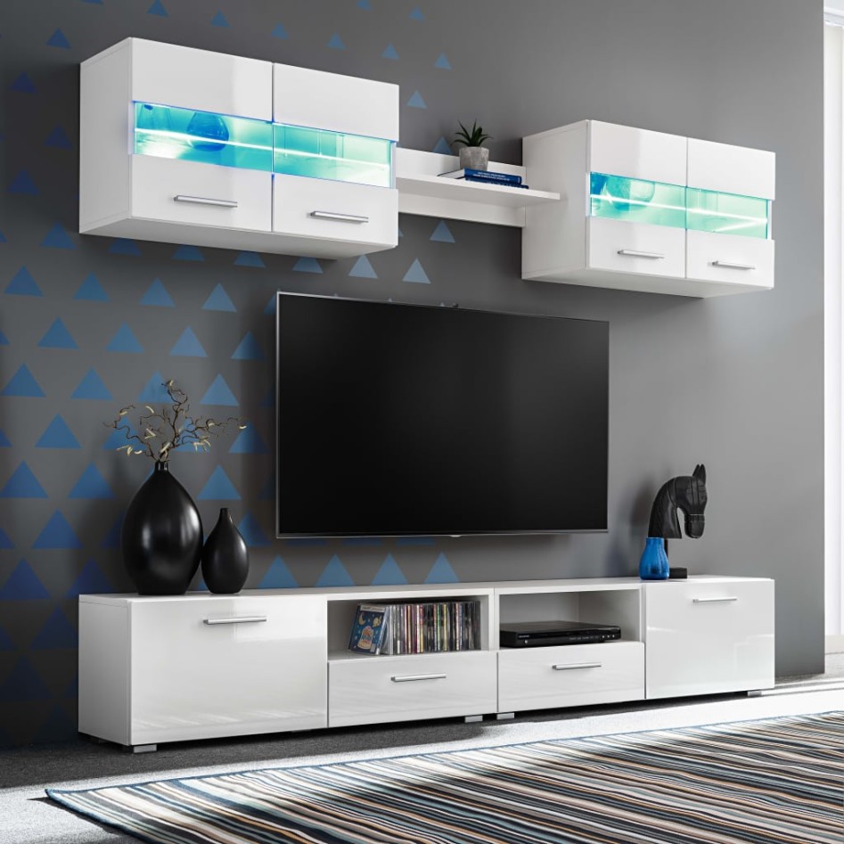 Mueble de salón de TV con luces LED blanco brillante 5