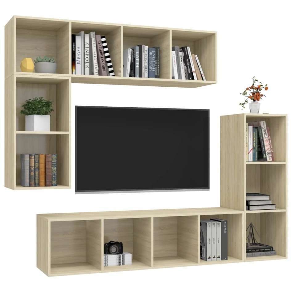 Set de muebles para TV 4 pzas madera contrachapada roble