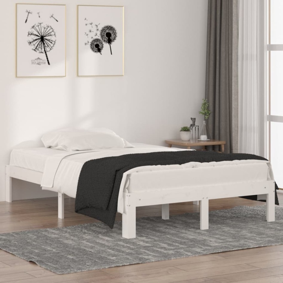 Estructura de cama doble pequeña madera maciza blanca