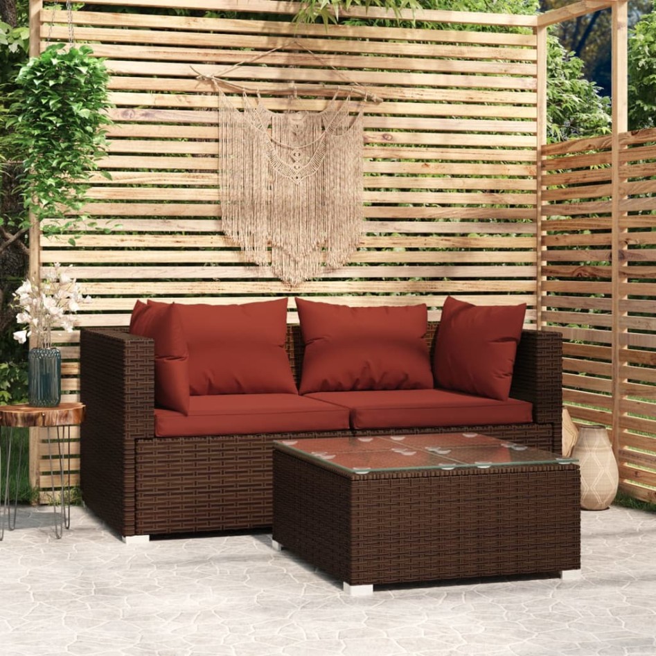 Set muebles de jardín 3 piezas y cojines ratán sintético
