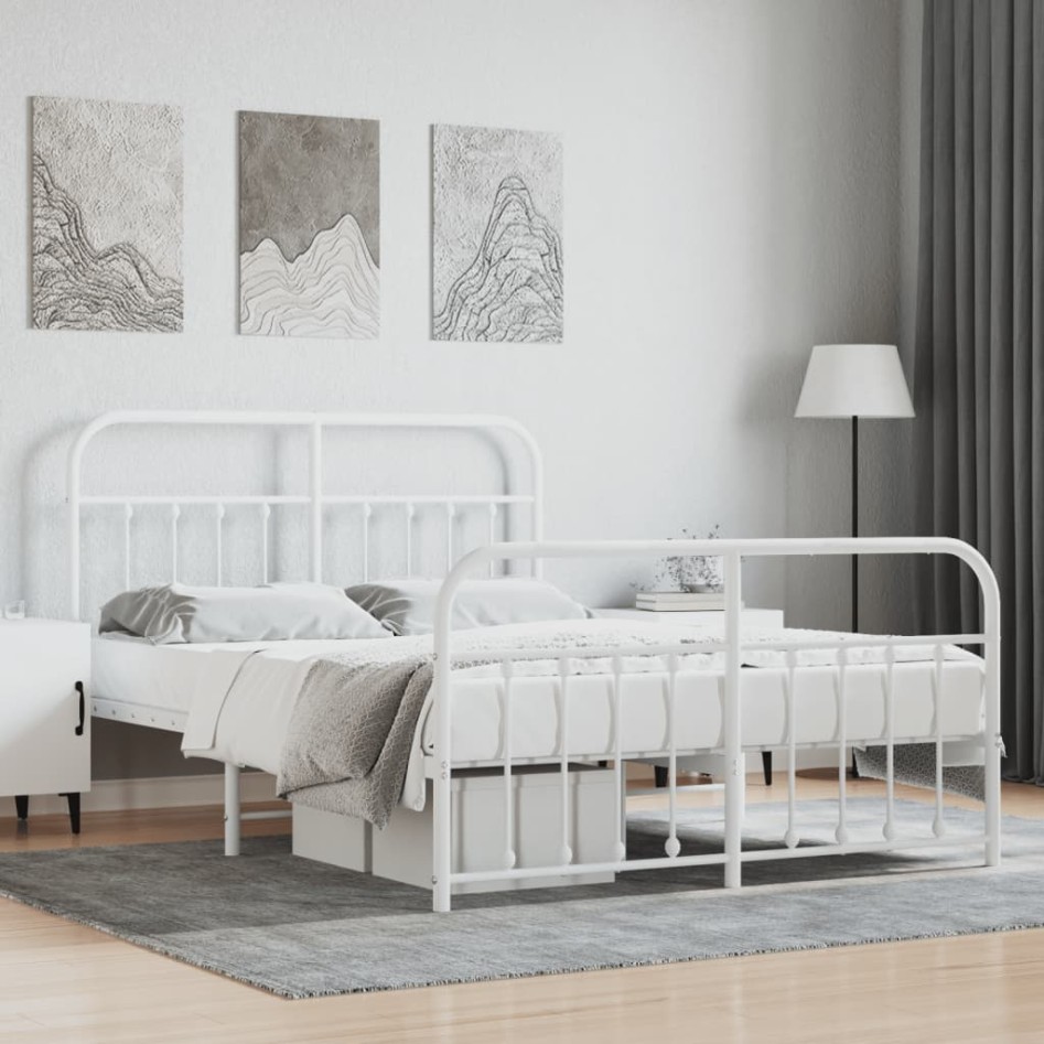 Estructura cama metal con cabecero y estribo blanco 135x190