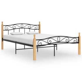 Estructura de cama madera maciza roble metal negro 140x200