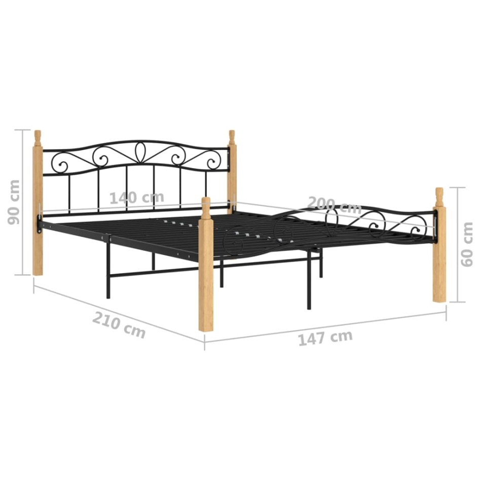 Estructura de cama madera maciza roble metal negro 140x200