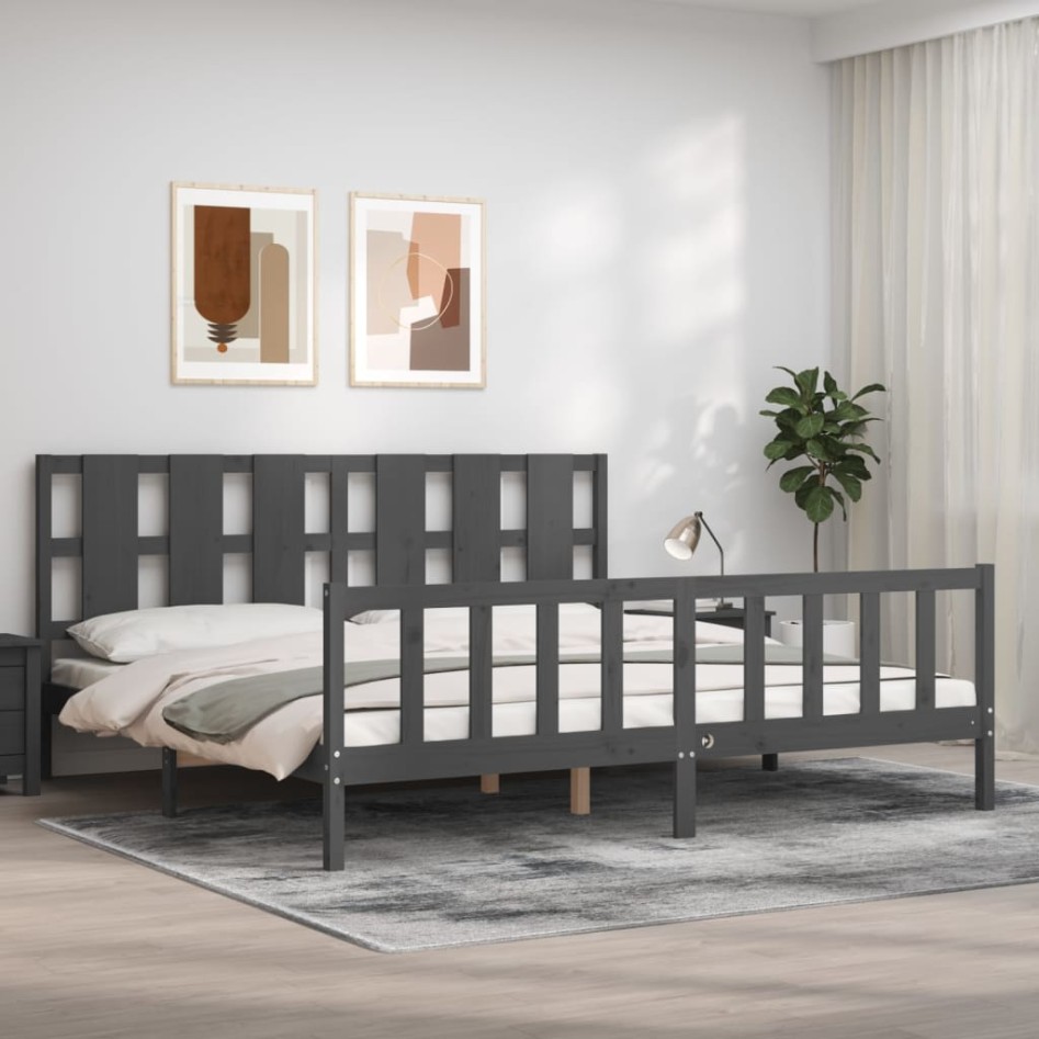 Estructura de cama con cabecero madera maciza gris 200x200