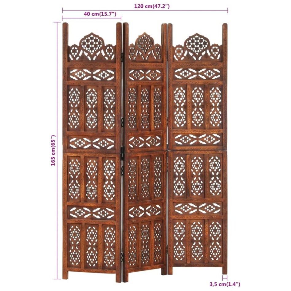 Biombo 3 paneles tallado a mano madera mango marrón 120x165