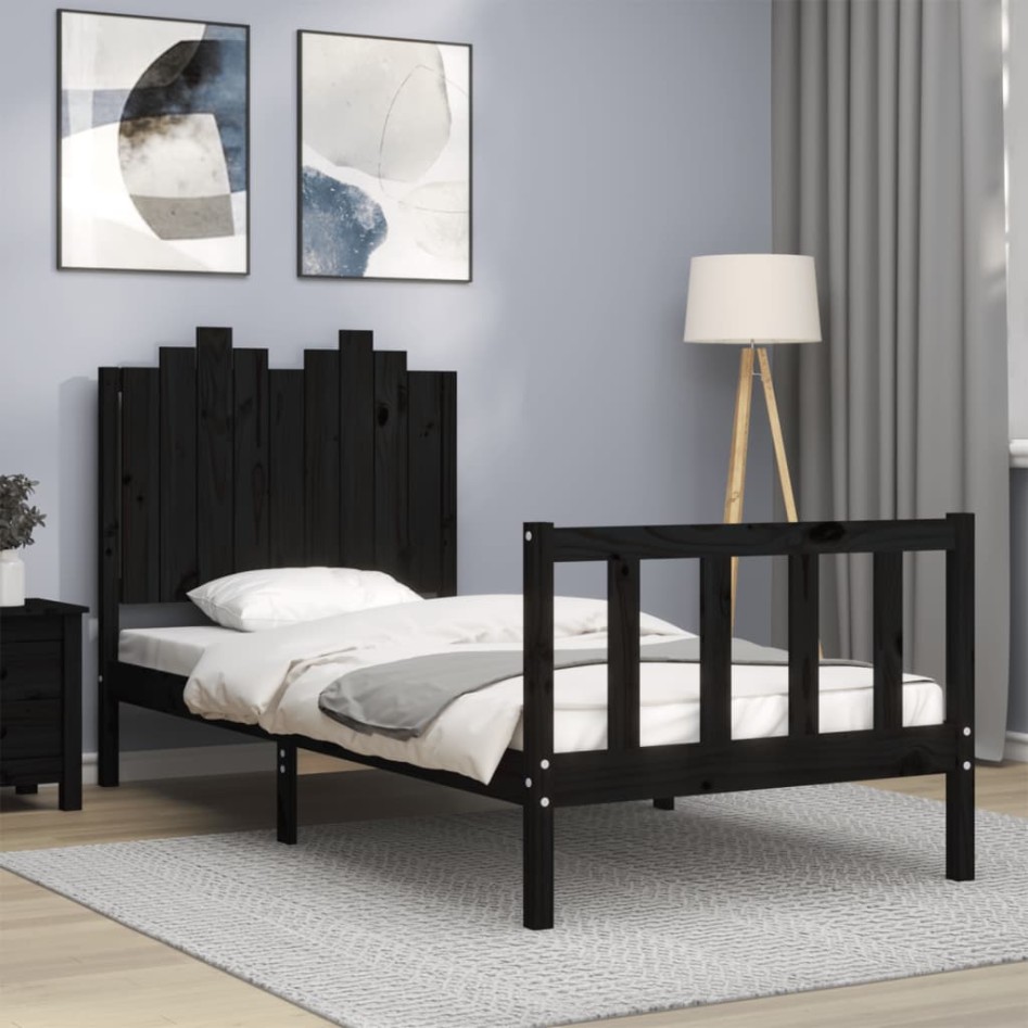 Estructura de cama con cabecero madera maciza negro 90x200