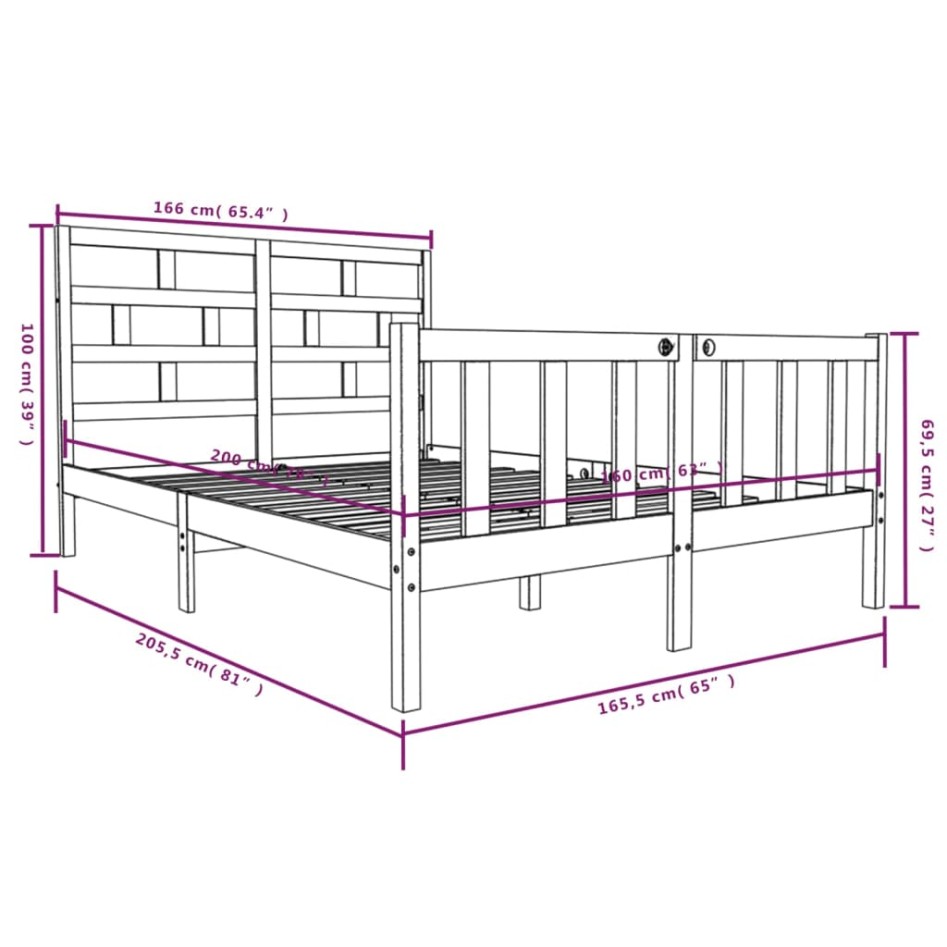Estructura de cama de madera maciza de pino blanco 160x200