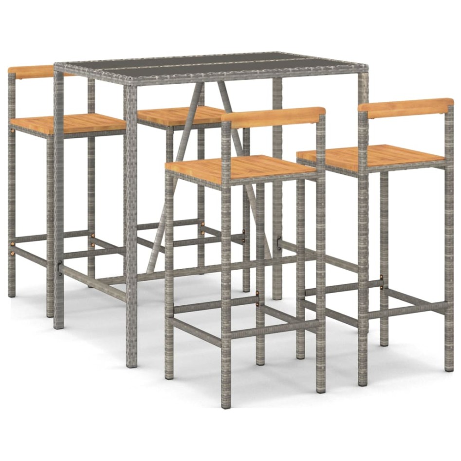 Mesa bar y taburetes jardín 5 pzas madera acacia ratán PE