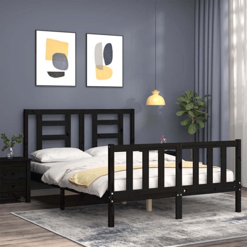 Estructura de cama con cabecero madera maciza negro 140x190
