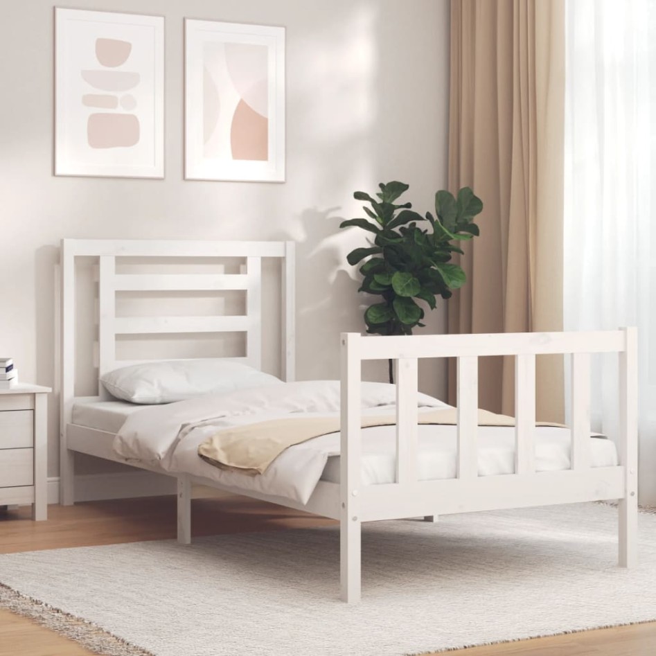 Estructura de cama con cabecero madera maciza blanco 90x200
