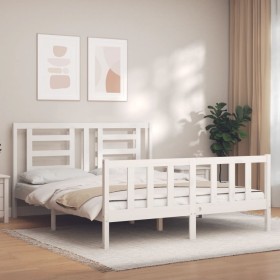 Estructura de cama con cabecero madera maciza blanco 160x200