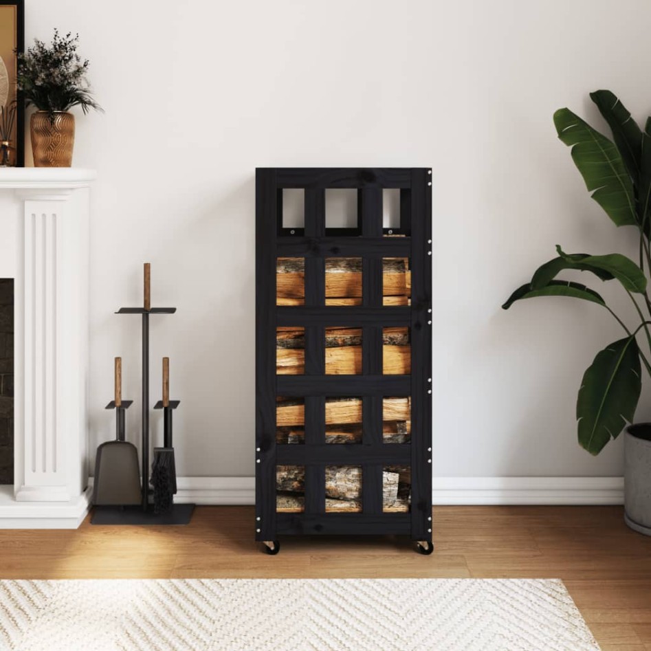 Leñero con ruedas madera maciza de pino negro 40x49x110