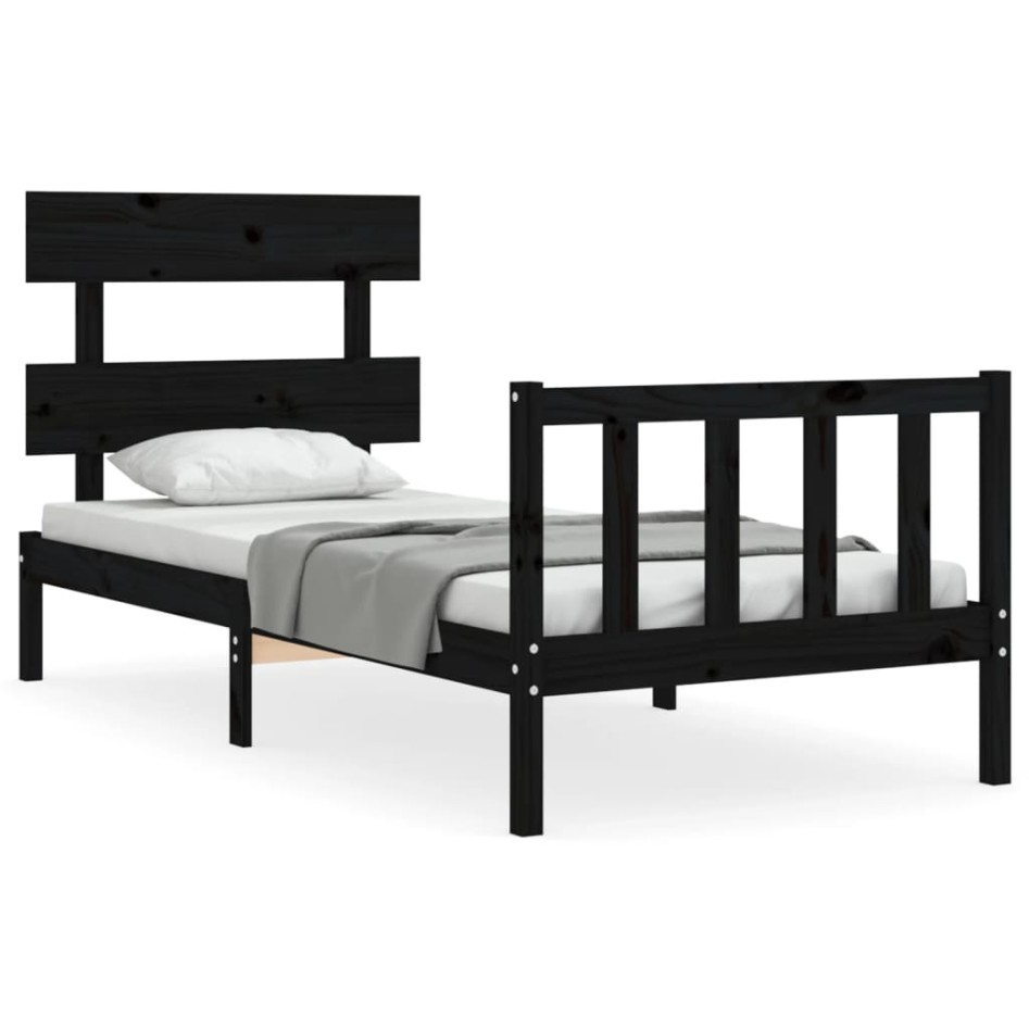Estructura de cama con cabecero madera maciza negro 90x200