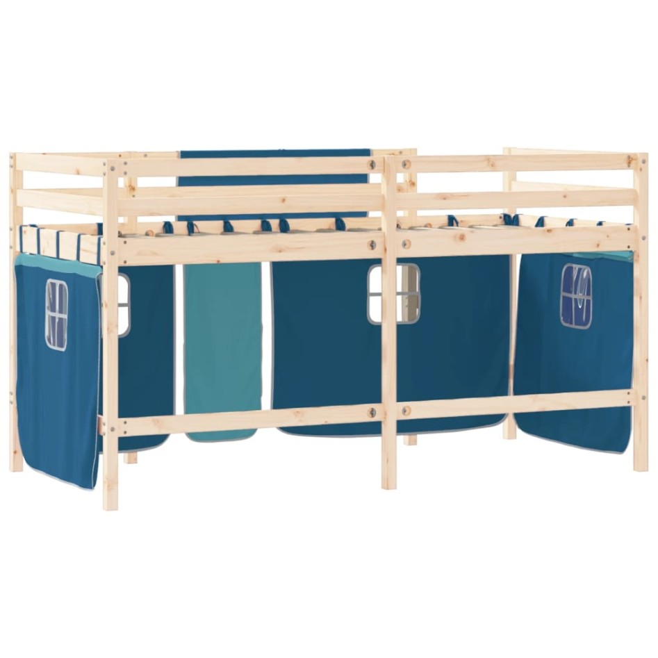 Cama alta para niños con cortinas madera pino azul 80x200