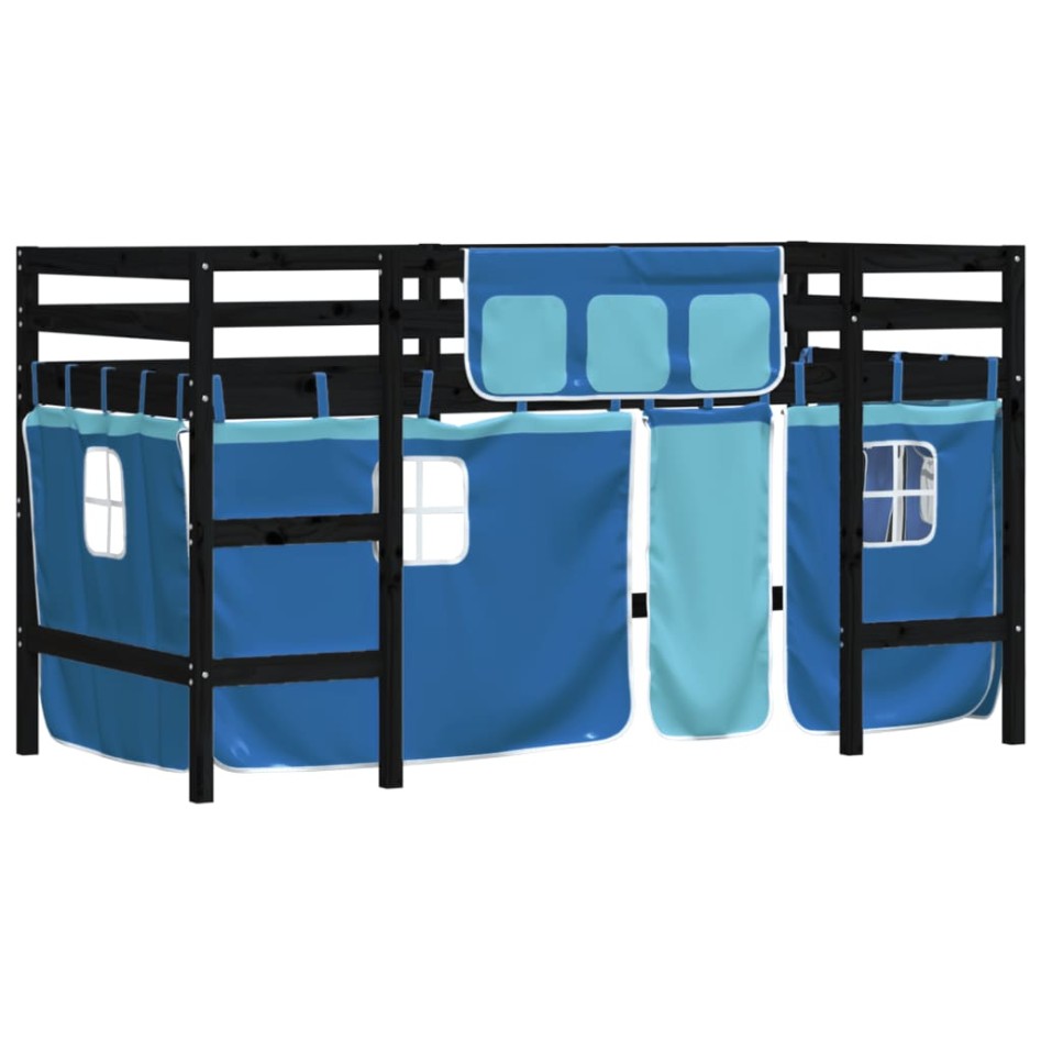 Cama alta para niños con cortinas madera pino azul 90x190