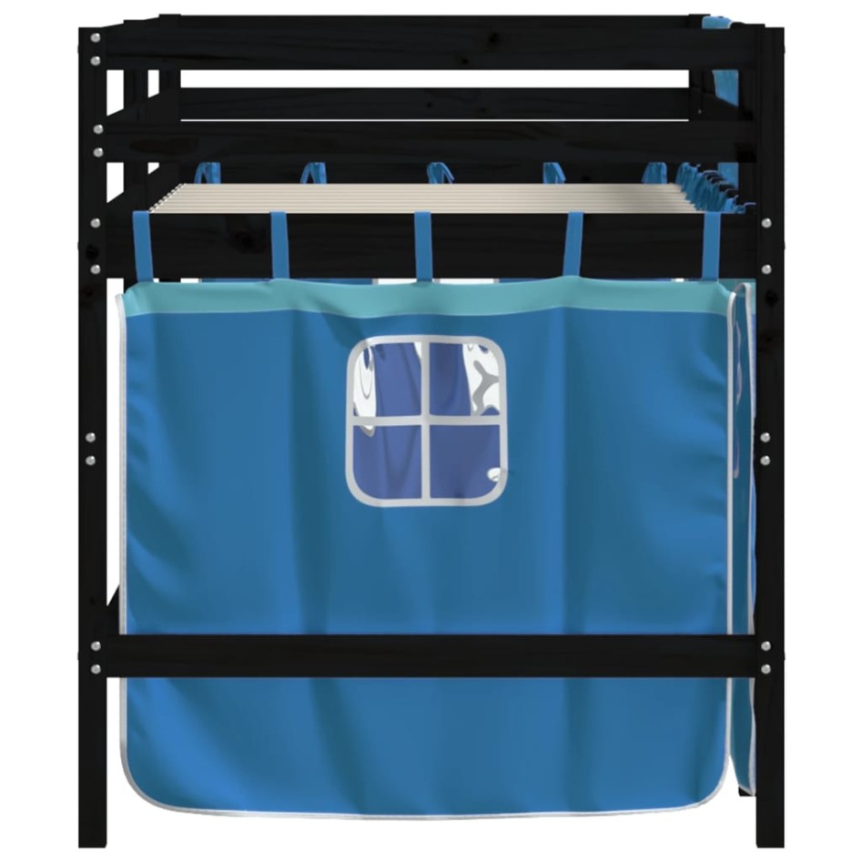 Cama alta para niños con cortinas madera pino azul 90x190