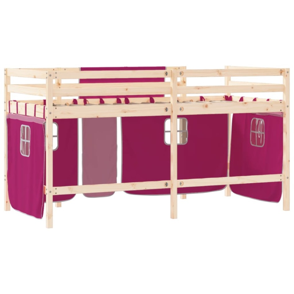 Cama alta para niños con cortinas madera pino rosa 90x190