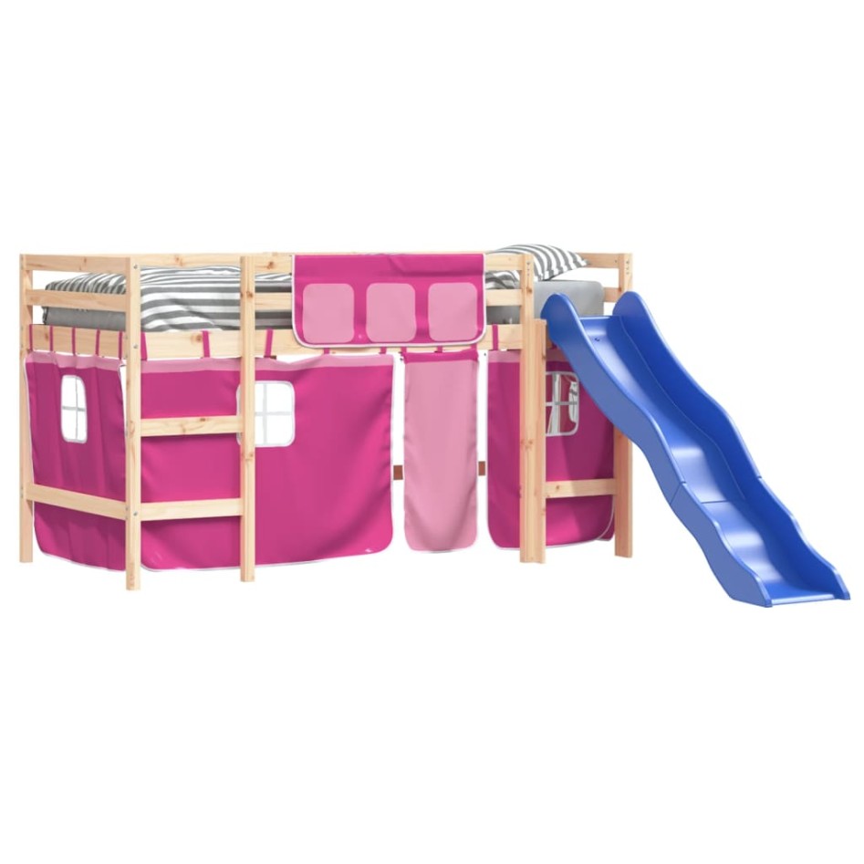 Cama alta para niños con cortinas madera pino rosa 90x190