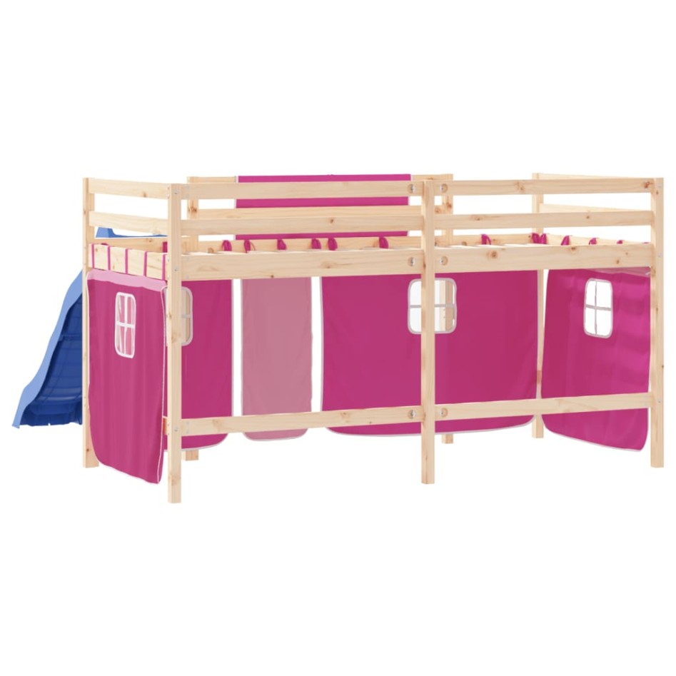Cama alta para niños con cortinas madera pino rosa 90x190