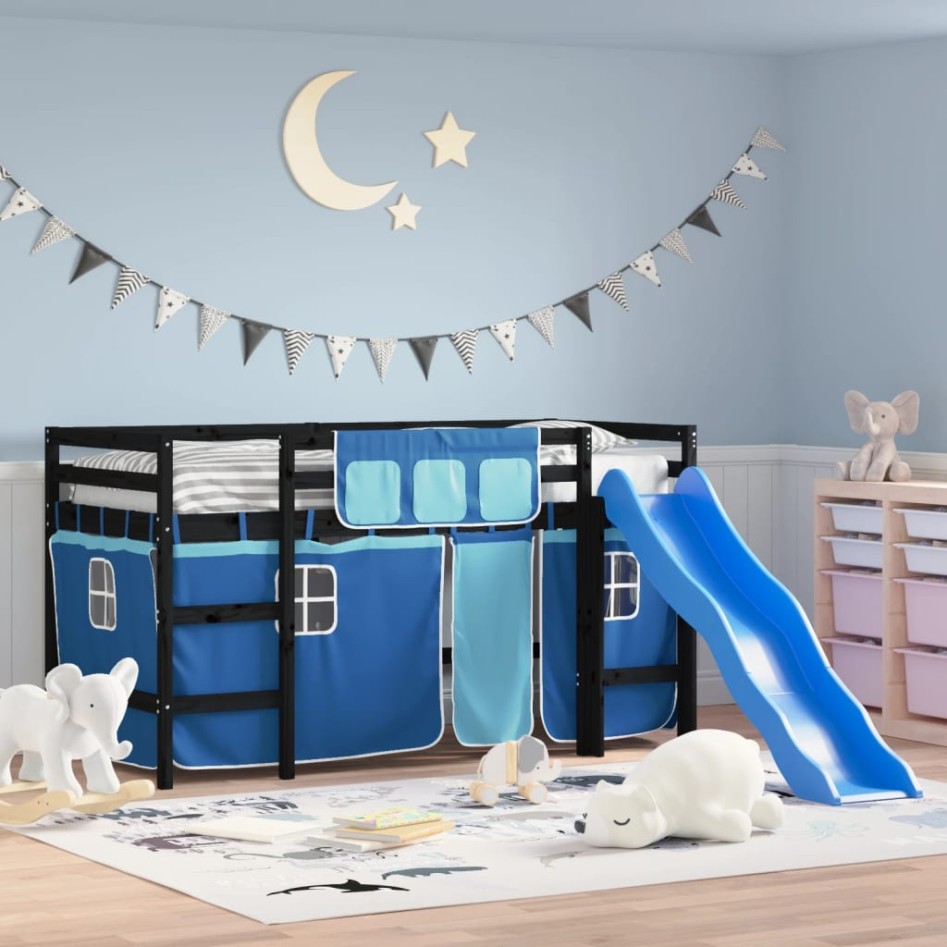 Cama alta para niños con cortinas madera pino azul 90x190