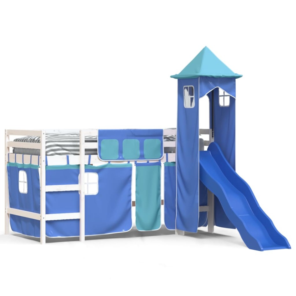 Cama alta para niños con torre madera pino azul 90x200