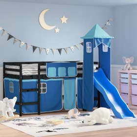 Cama alta para niños con torre madera pino azul 90x190