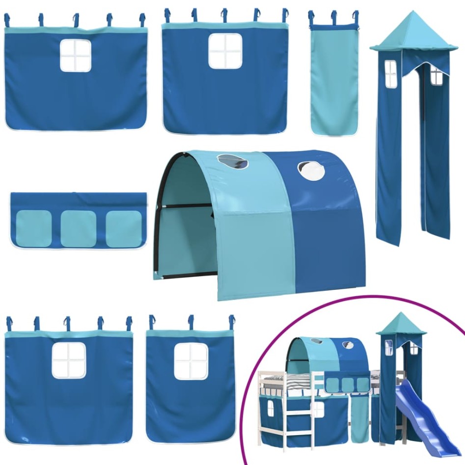 Cama alta para niños con torre madera pino azul 90x190