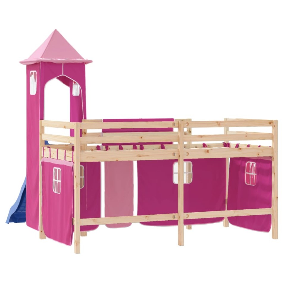 Cama alta para niños con torre madera pino rosa 90x190