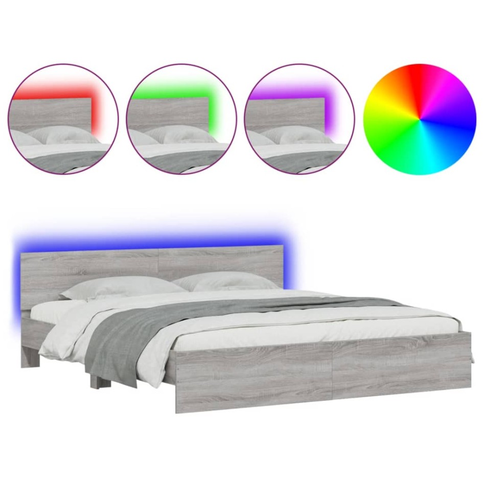 Estructura de cama cabecero y luces LED gris Sonoma 200x200