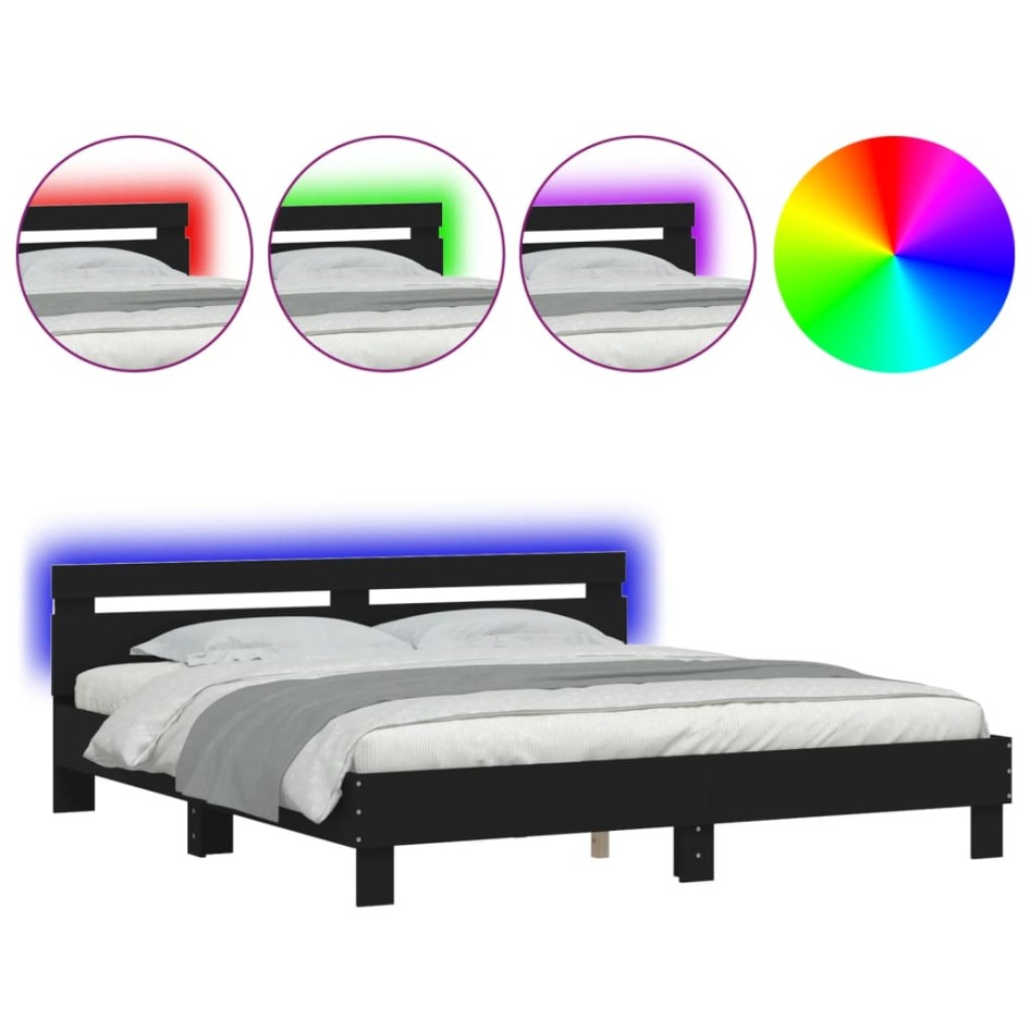 Estructura de cama con cabecero y luces LED negra 200x200