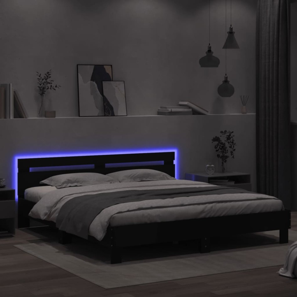 Estructura de cama con cabecero y luces LED negra 200x200