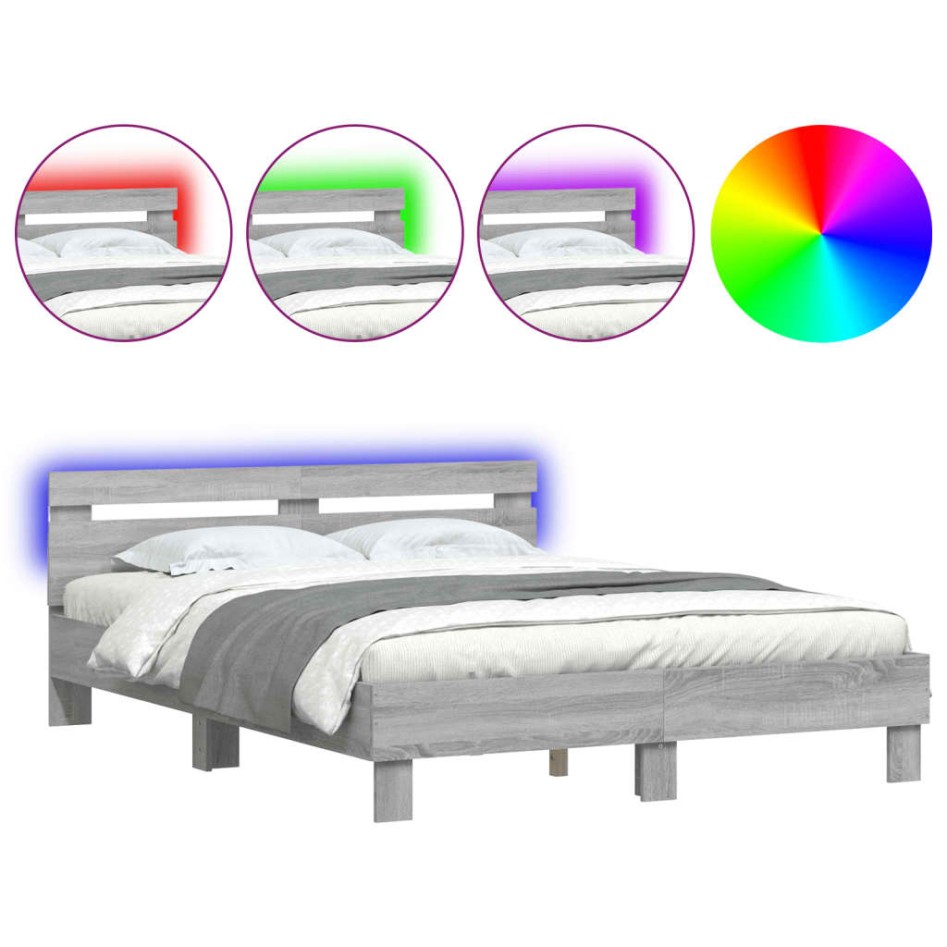 Estructura de cama cabecero y luces LED gris Sonoma 140x190