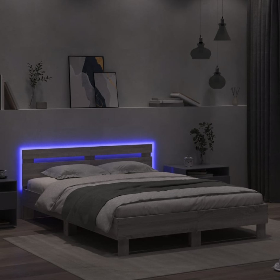 Estructura de cama cabecero y luces LED gris Sonoma 150x200