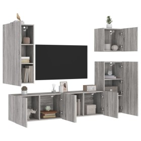 Muebles de TV de pared 5 pzas madera de ingeniería gris
