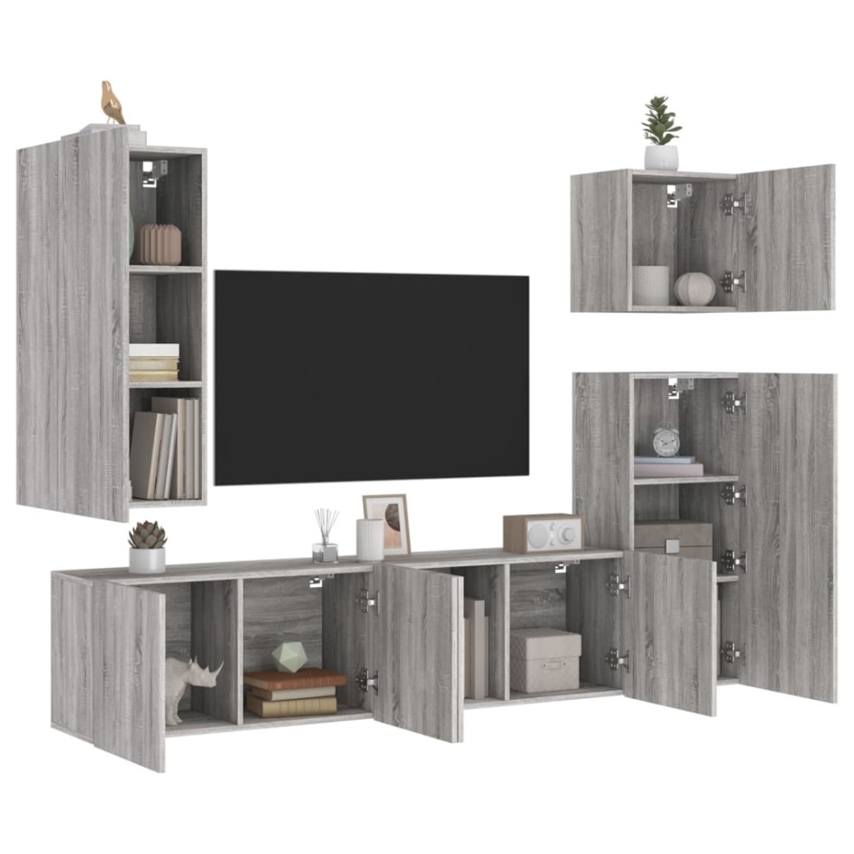 Muebles de TV de pared 5 pzas madera de ingeniería gris
