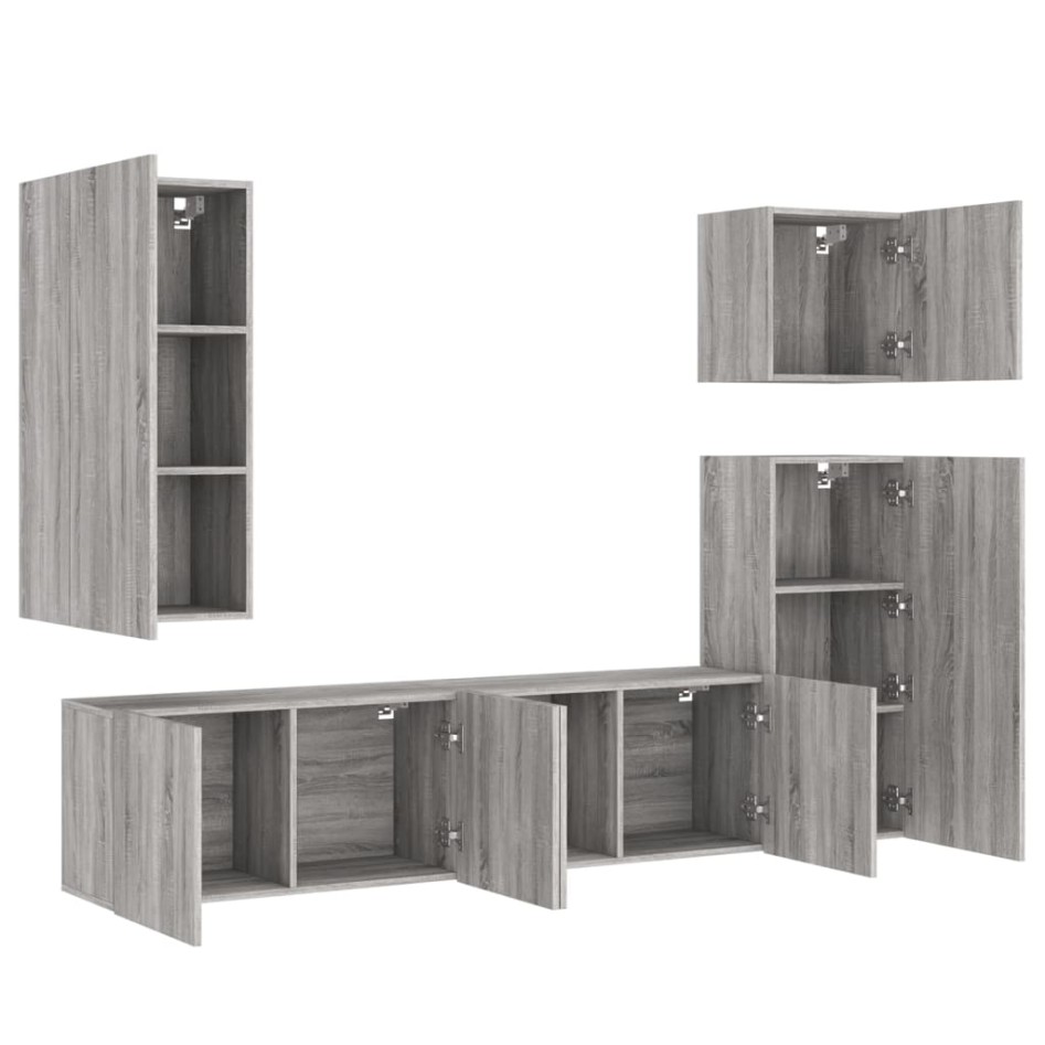Muebles de TV de pared 5 pzas madera de ingeniería gris