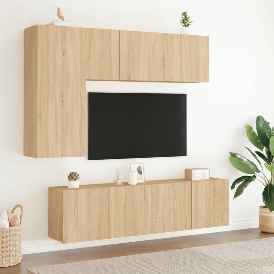 Muebles de TV de pared 5 pzas madera de ingeniería roble