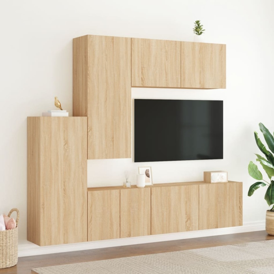 Muebles de TV de pared 5 pzas madera de ingeniería roble