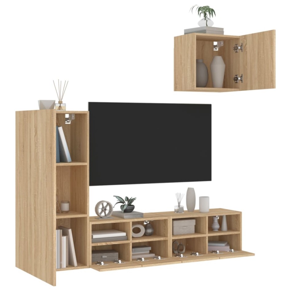 Muebles de TV de pared 4 pzas madera de ingeniería roble