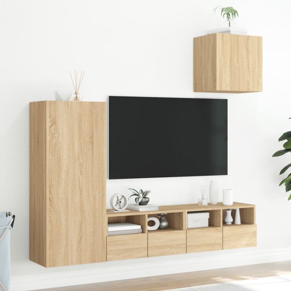 Muebles de TV de pared 4 pzas madera de ingeniería roble