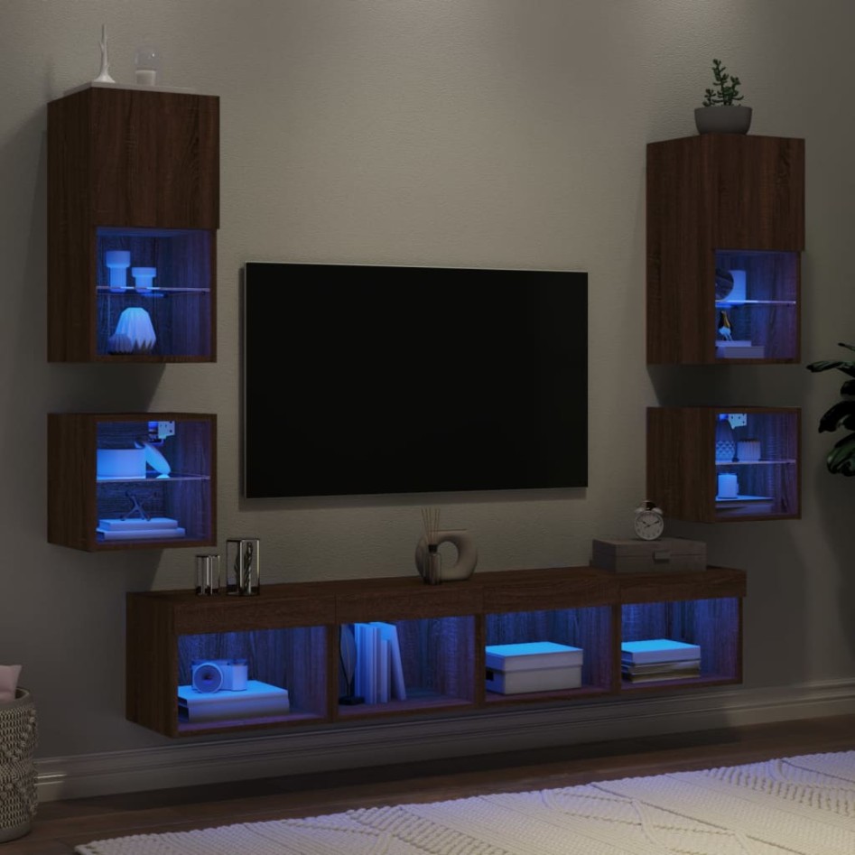 Muebles TV pared con LED 8 pzas madera ingeniería marrón