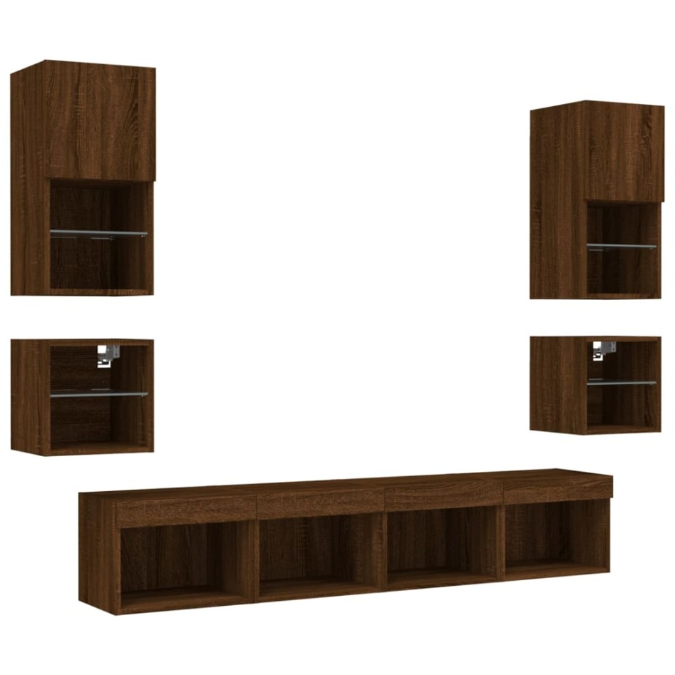 Muebles TV pared con LED 8 pzas madera ingeniería marrón