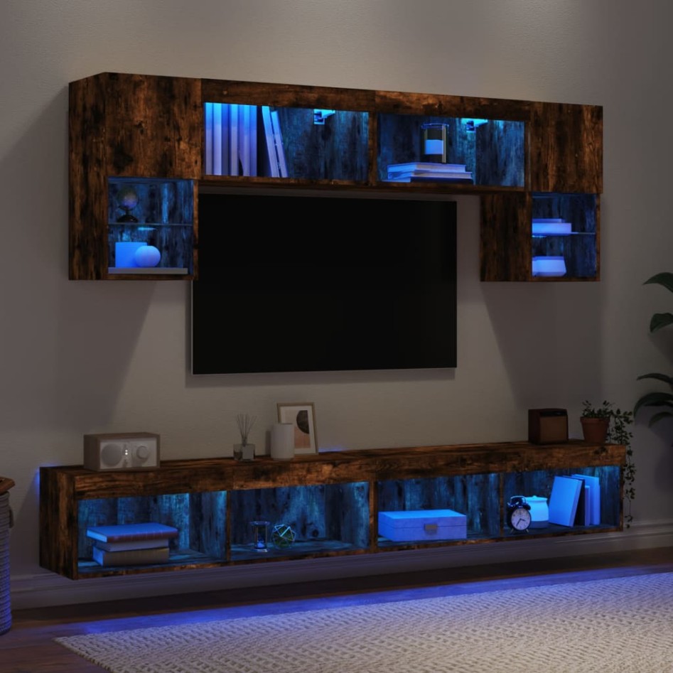 Muebles TV pared con LED 6 pzas madera ingeniería roble