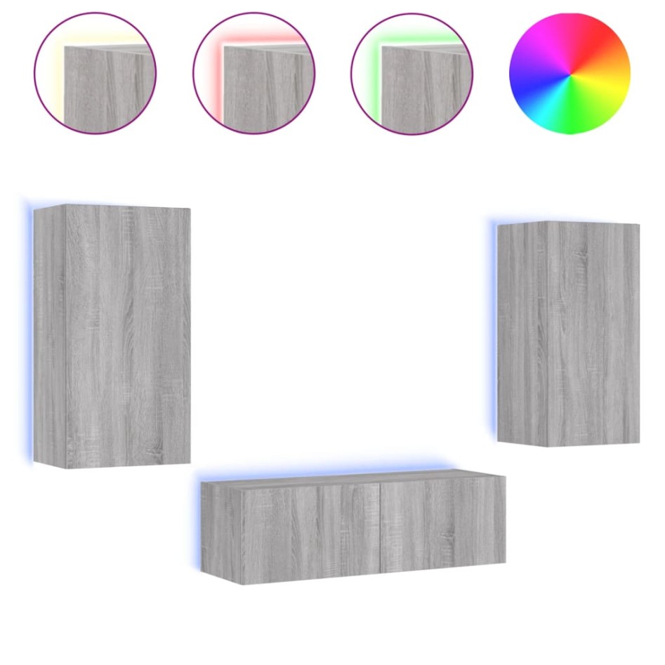 Muebles de TV de pared con luces LED 3 piezas gris
